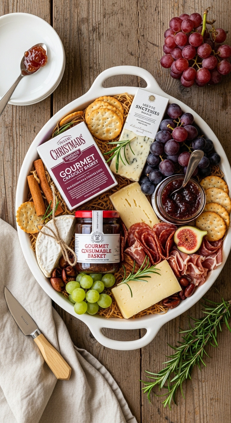 Gourmet food basket with cheeses crackers fig jam meats and grapes on a rustic wooden table with linen napkin and rosemary