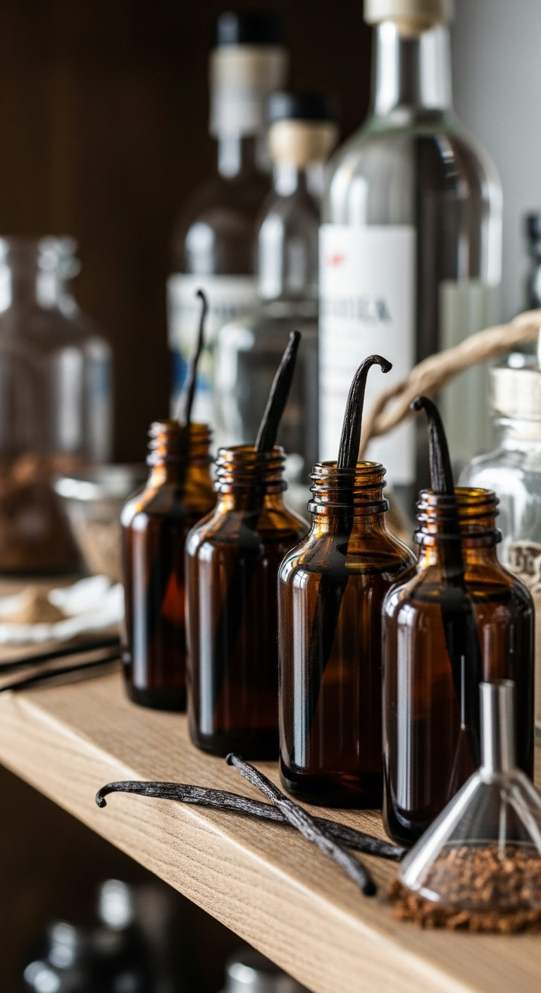 Gourmet homemade vanilla extract in amber glass bottles with vanilla beans on a wooden shelf for parents