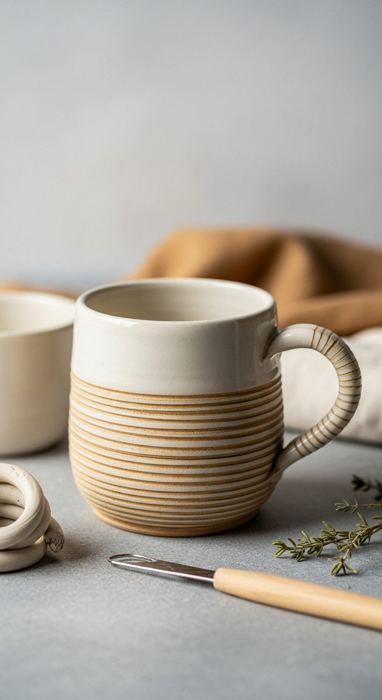 Hand-built coiled clay mug, visible spiral coils, rustic matte finish, sturdy handle on stone surface, sculpting tools nearby.