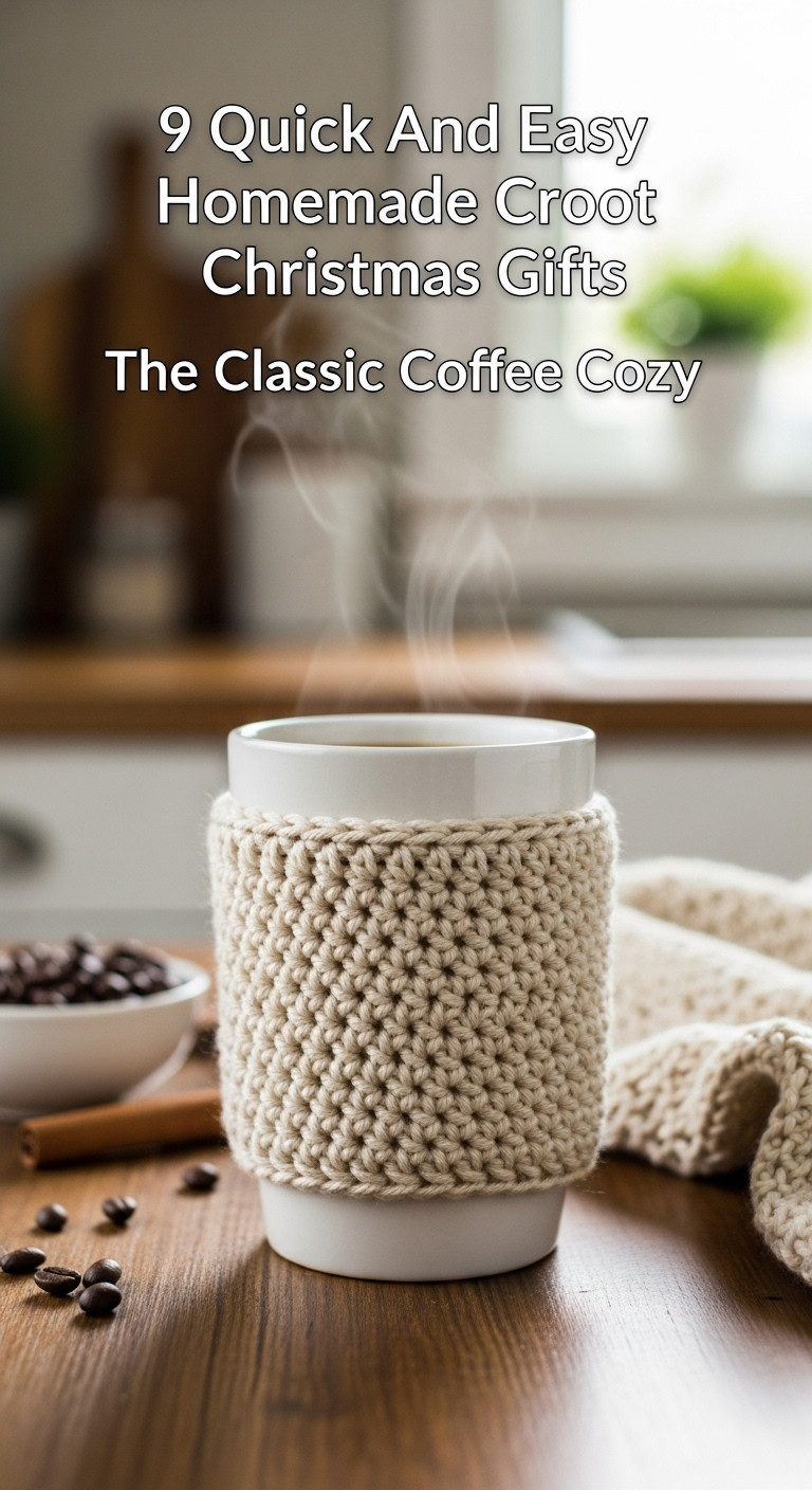 Hand-crocheted coffee cozy on a steaming travel mug on a rustic wooden table with a blurred kitchen background perfect for a homemade Christmas gift