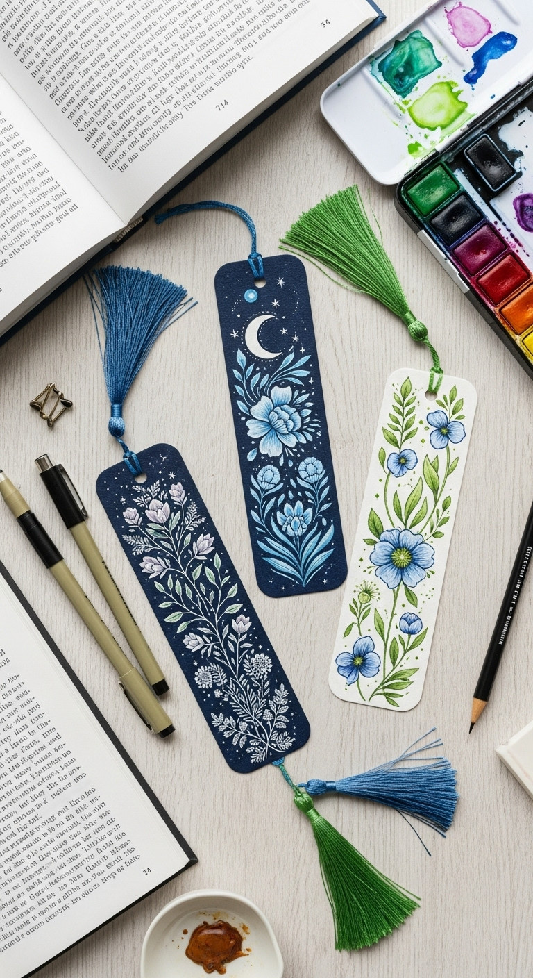 Hand drawn bookmarks with floral and celestial designs and silk tassels on a light wooden surface with art pens watercolor and an open book