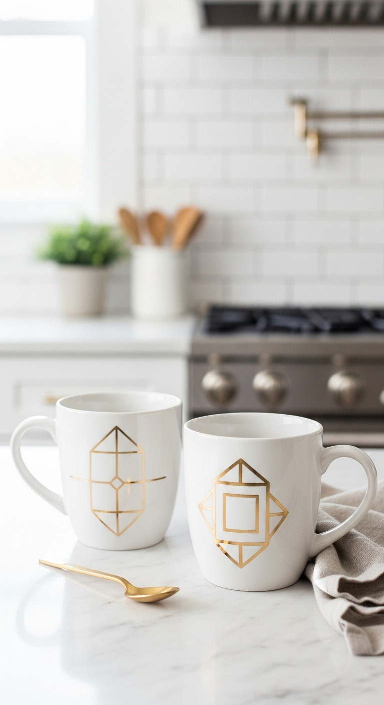 Hand-painted white ceramic mugs with metallic gold geometric designs on a white marble countertop with a brass spoon