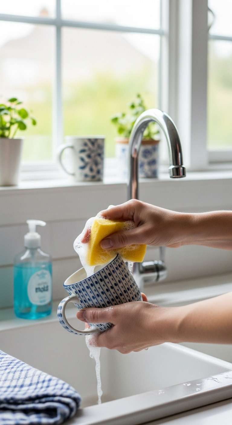 Hand-washing a pristine handmade mug in a modern kitchen sink with soapy water and sponge. Ceramic care, clean kitchenware.