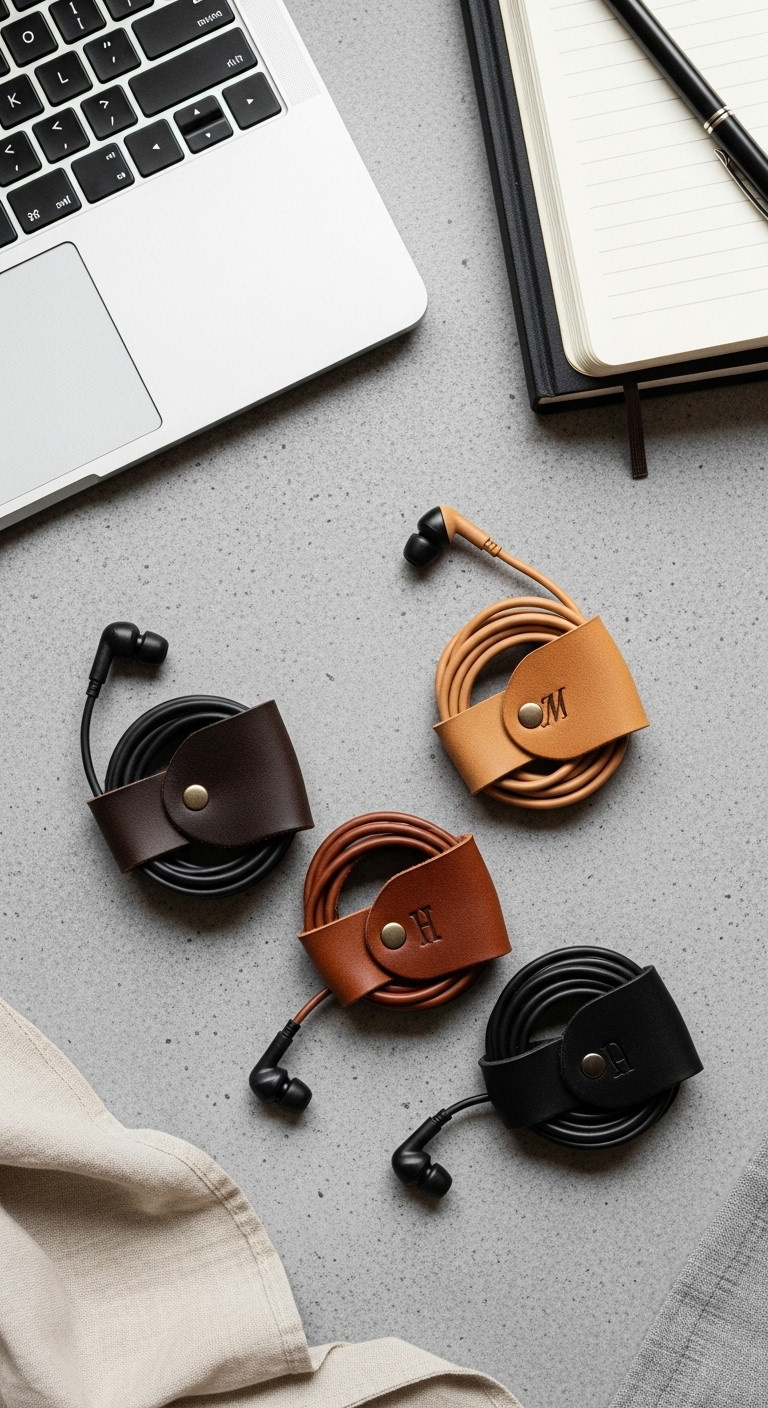 Handcrafted leather cord keepers in dark brown tan and black wrapped around charging cables on a concrete surface
