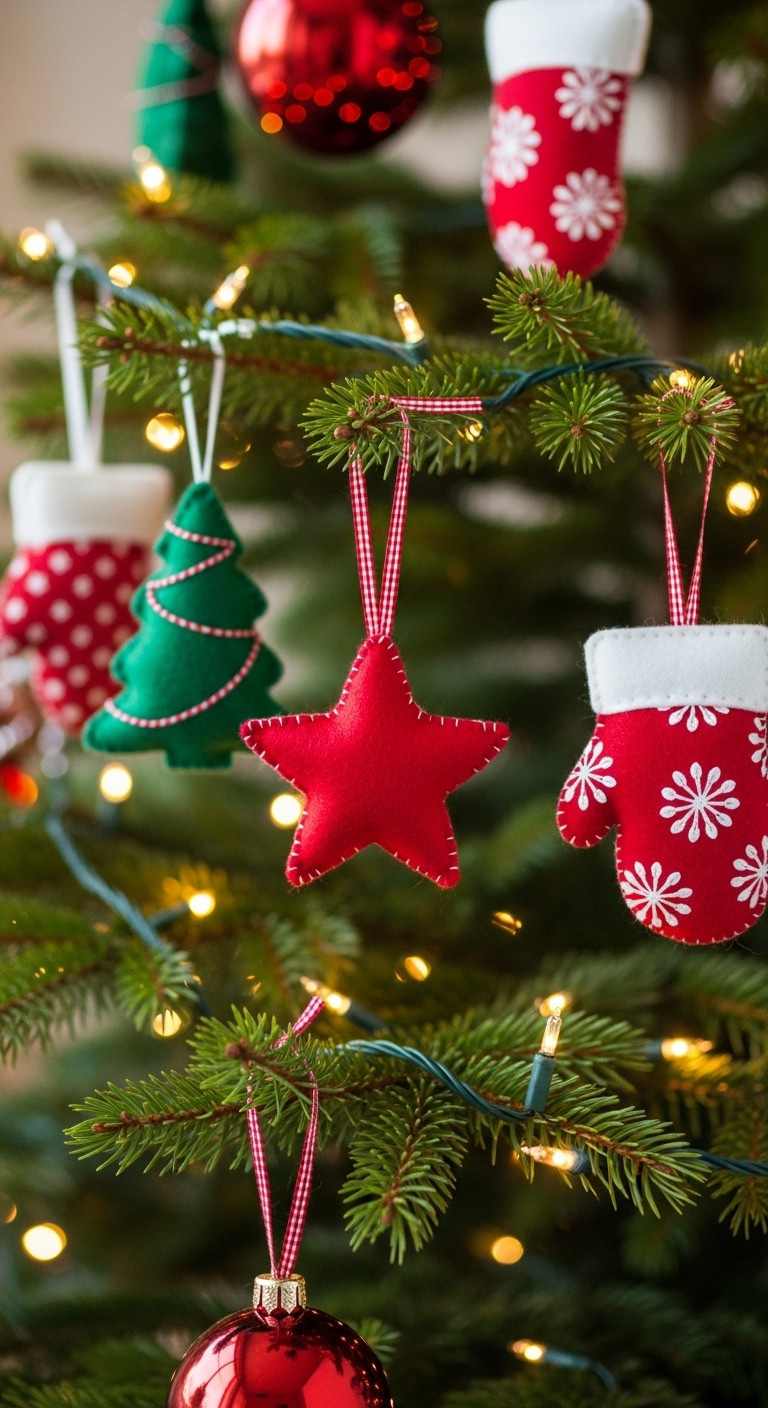 Handmade felt and fabric Christmas ornaments like stars trees and mittens hanging from a branch of a real Christmas tree with twinkling lights