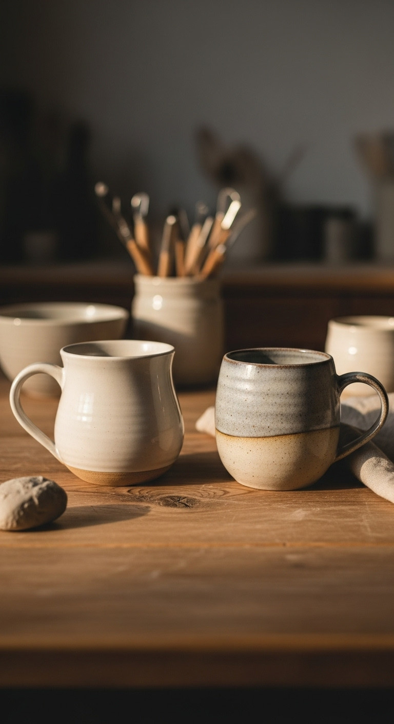 Handmade mugs: a symmetrical wheel-thrown and an organic hand-built, showcasing pottery styles on a rustic table with clay. Artisan craft.