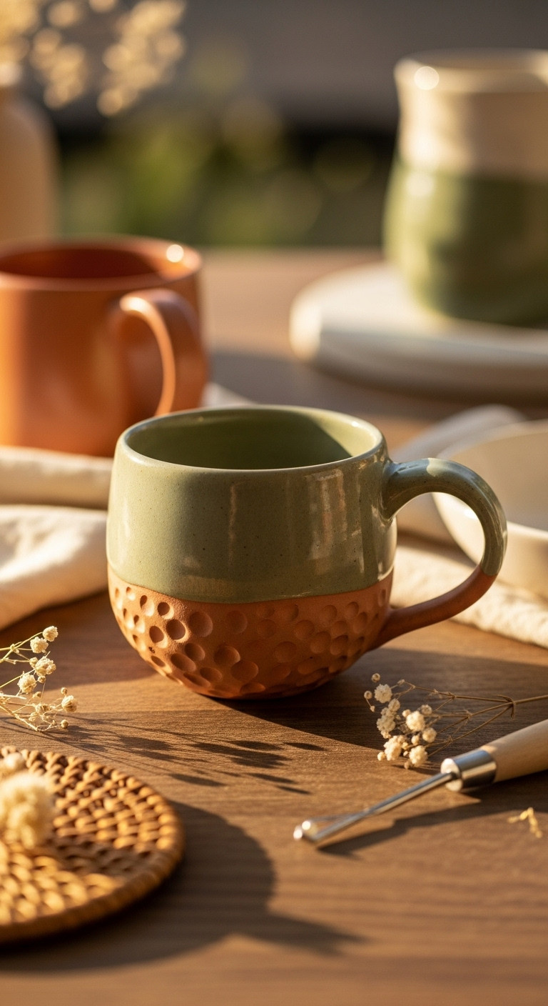 Handmade pinch pot clay mug, organically shaped with textured exterior, integrated handle on rustic wood, cozy golden hour light.