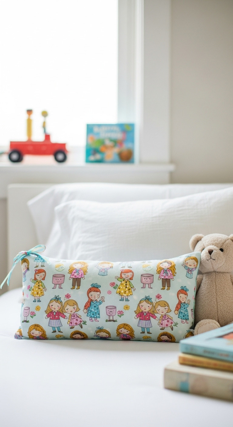 Handmade travel size pillowcase with whimsical print on a child's bed next to a stuffed animal and books