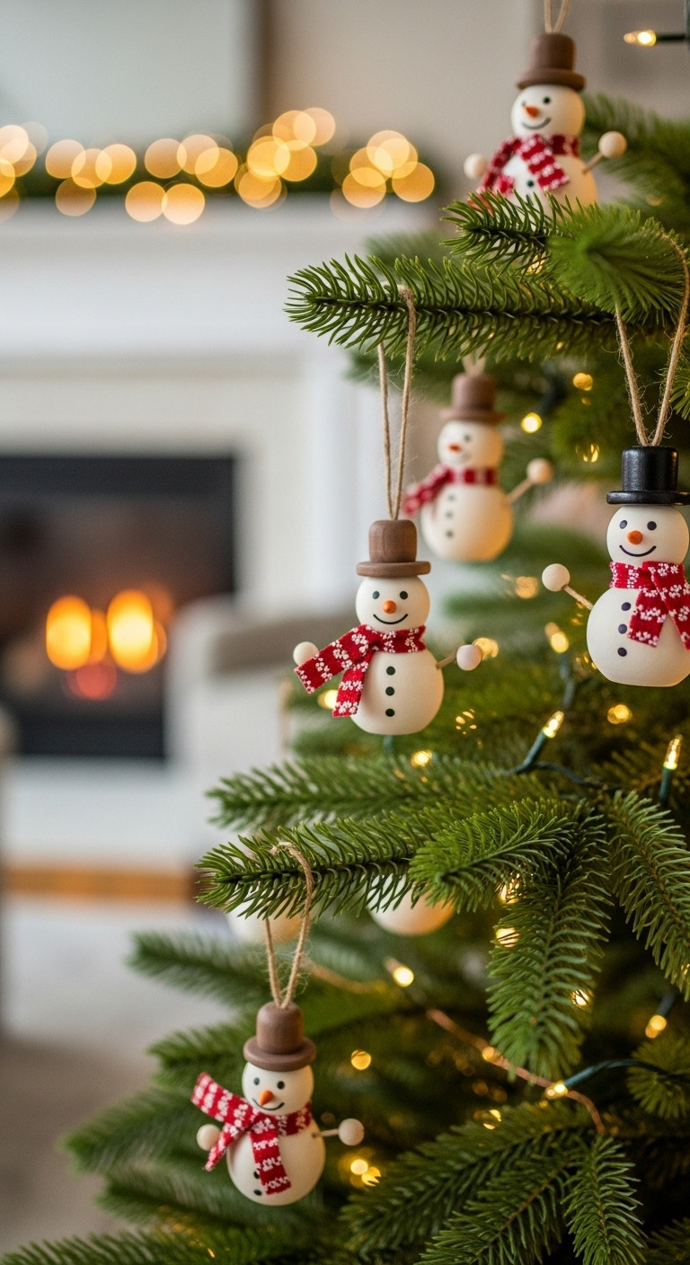 Handmade wood bead snowman ornaments hanging on a festive Christmas tree with twinkling lights and a cozy fireplace background