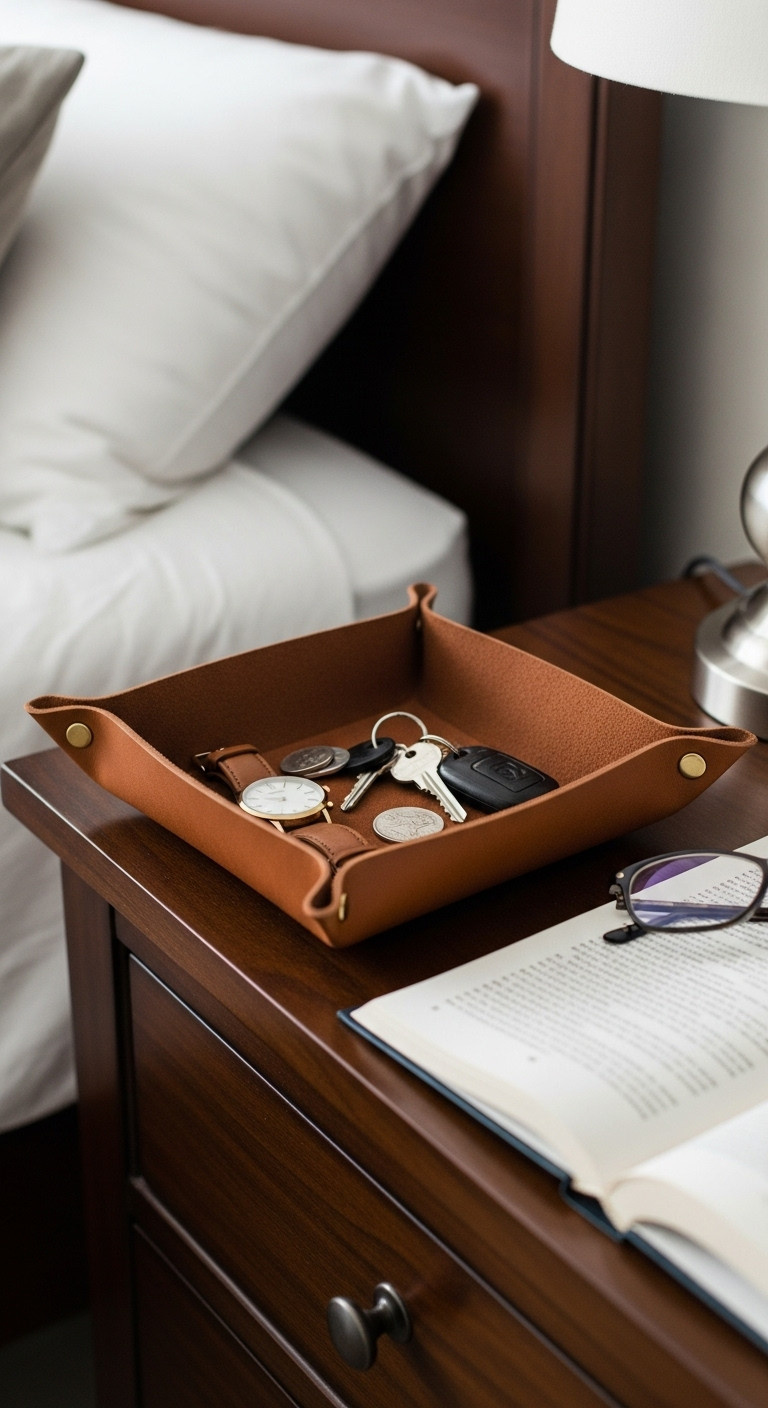 Handsome DIY leather key basket with a man's watch keys and loose change on a dark wood nightstand