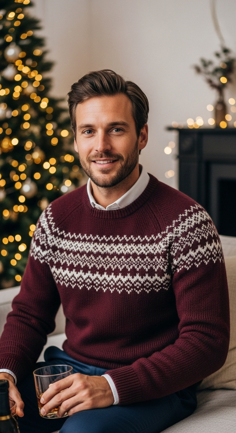 Handsome man in a deep burgundy Fair Isle merino wool sweater over a white shirt, holding whiskey in a cozy Christmas living room