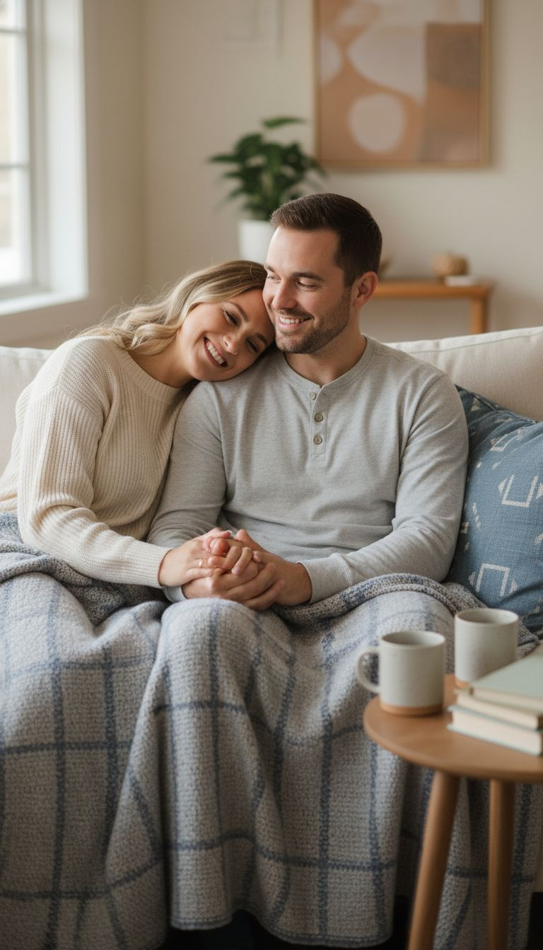 Happy, relaxed engaged couple holding hands on a cozy couch with blankets, mugs, books, enjoying a peaceful moment.