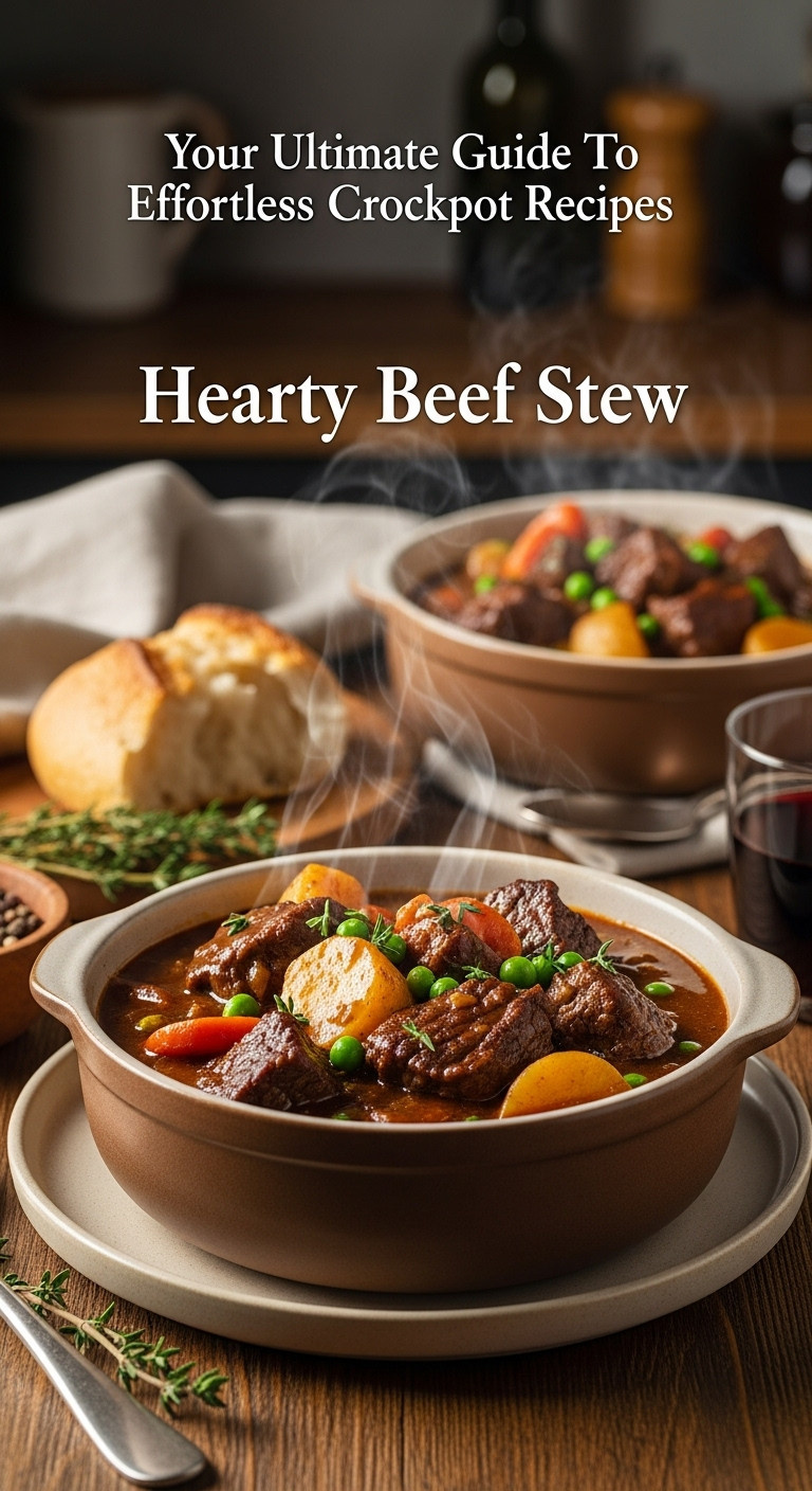 Hearty crockpot beef stew with tender beef, carrots, potatoes, peas in a rustic bowl, steam rising, on a wooden table.