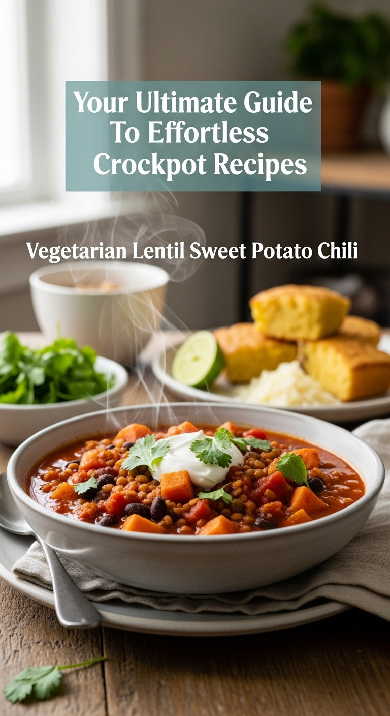 Hearty crockpot vegetarian lentil sweet potato chili, topped with cilantro, plant-based sour cream, steam rising.