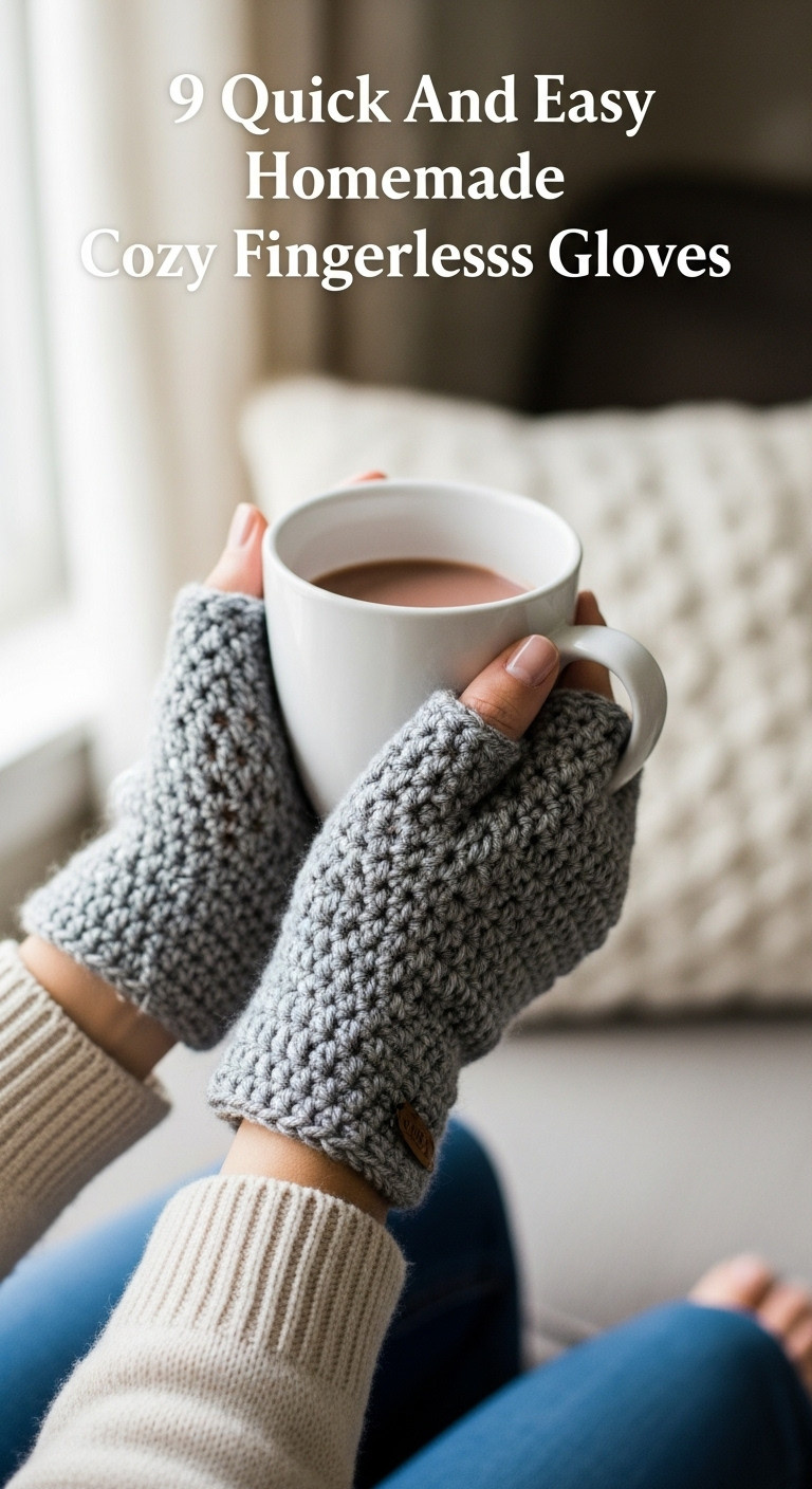 Heather gray crochet fingerless gloves on hands holding a hot chocolate mug in a cozy living room by a window