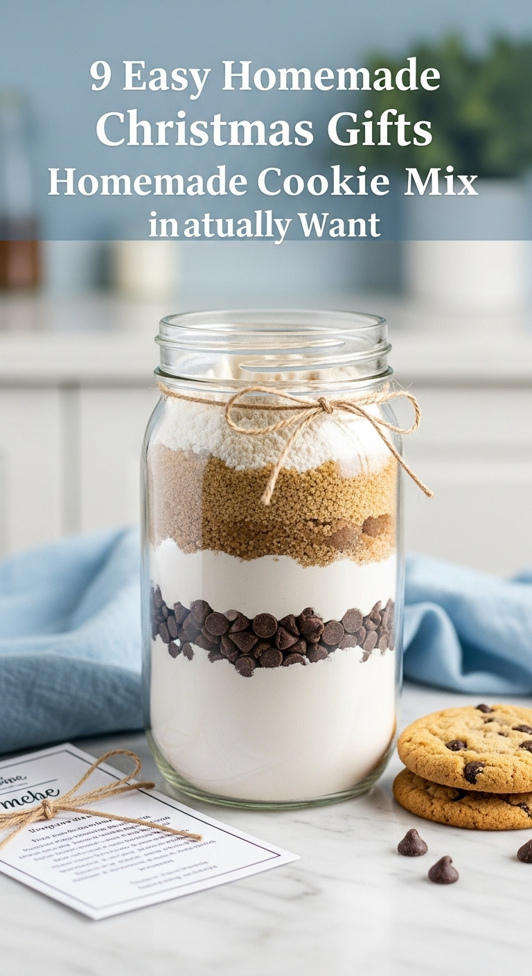 Homemade chocolate chip cookie mix in a jar with recipe card and a baked cookie ideal for coworker Christmas gifts