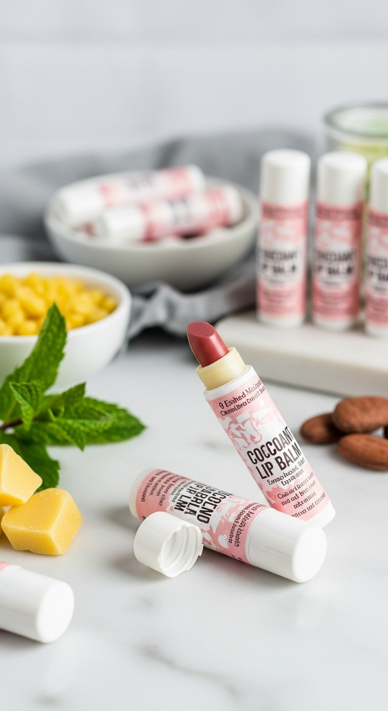 Homemade cocoa mint lip balm tubes on a marble counter with crafting ingredients for coworker Christmas gifts