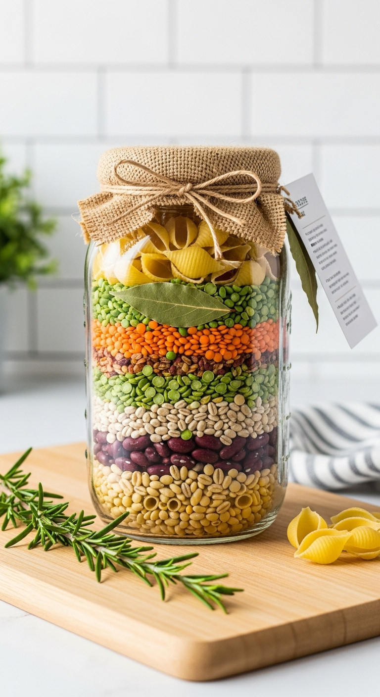 Homemade friendship soup mix in a large mason jar on a kitchen counter with minimalist decor