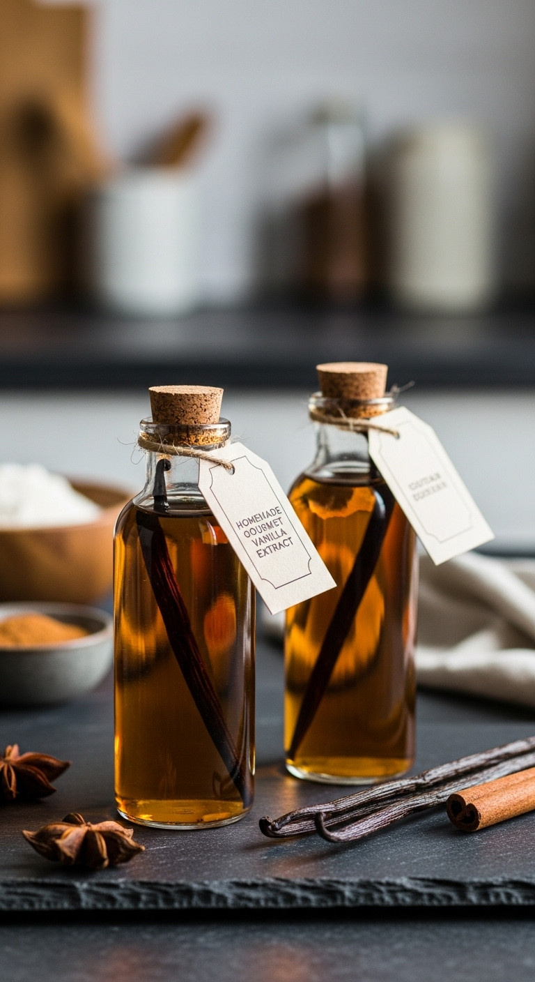 Homemade gourmet vanilla extract in elegant corked bottles with vanilla beans and kraft labels on a dark slate surface