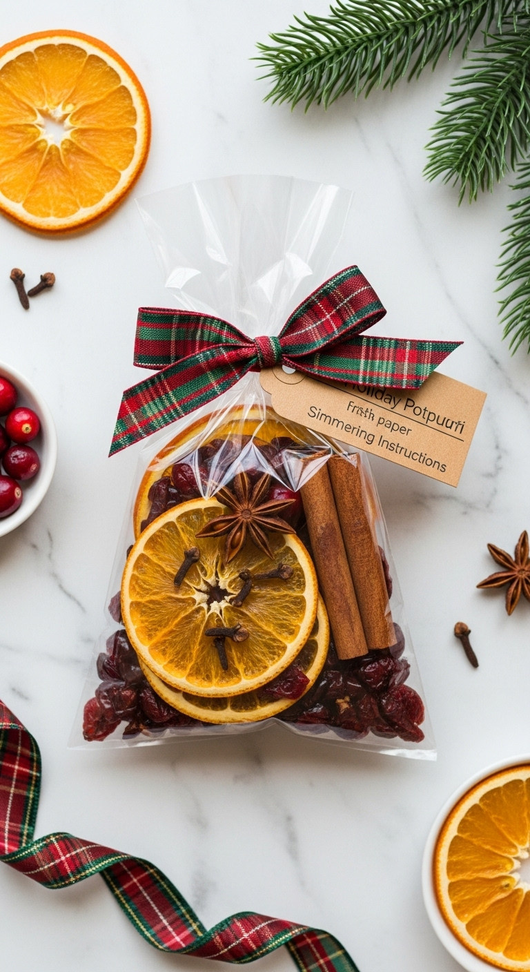 Homemade holiday potpourri mix in a cellophane bag with dried orange slices cranberries and cinnamon sticks on marble countertop