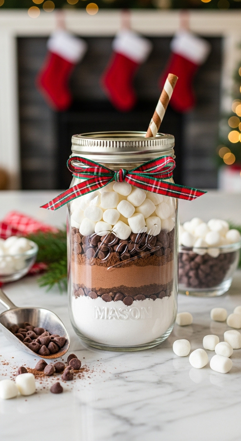 Homemade hot cocoa mix in a mason jar with marshmallows on a cozy Christmas living room background
