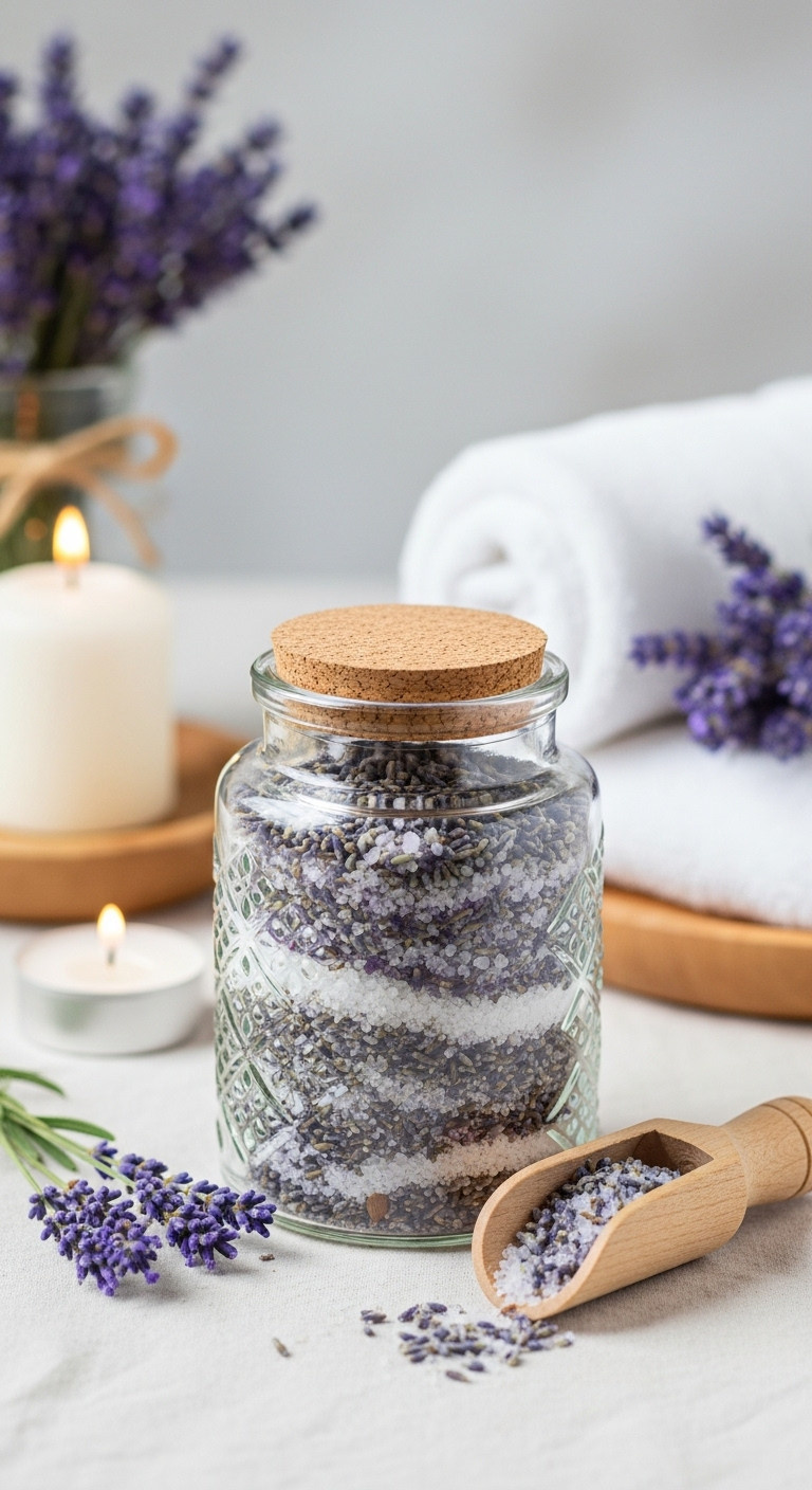 Homemade lavender bath salts in a decorative glass jar with a wooden scoop on a white linen tablecloth