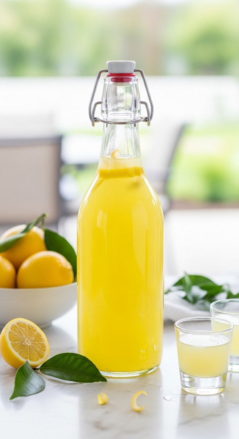 Homemade limoncello in an elegant swing-top bottle with fresh lemons on a white marble surface