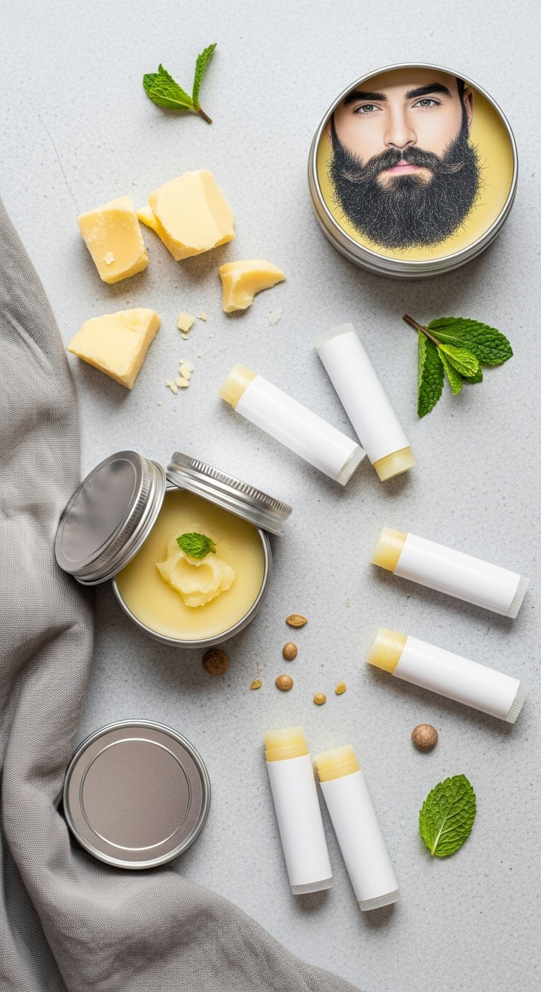 Homemade lip balm in tubes and tin with beard balm on a stone surface a great personalized Christmas gift for teens