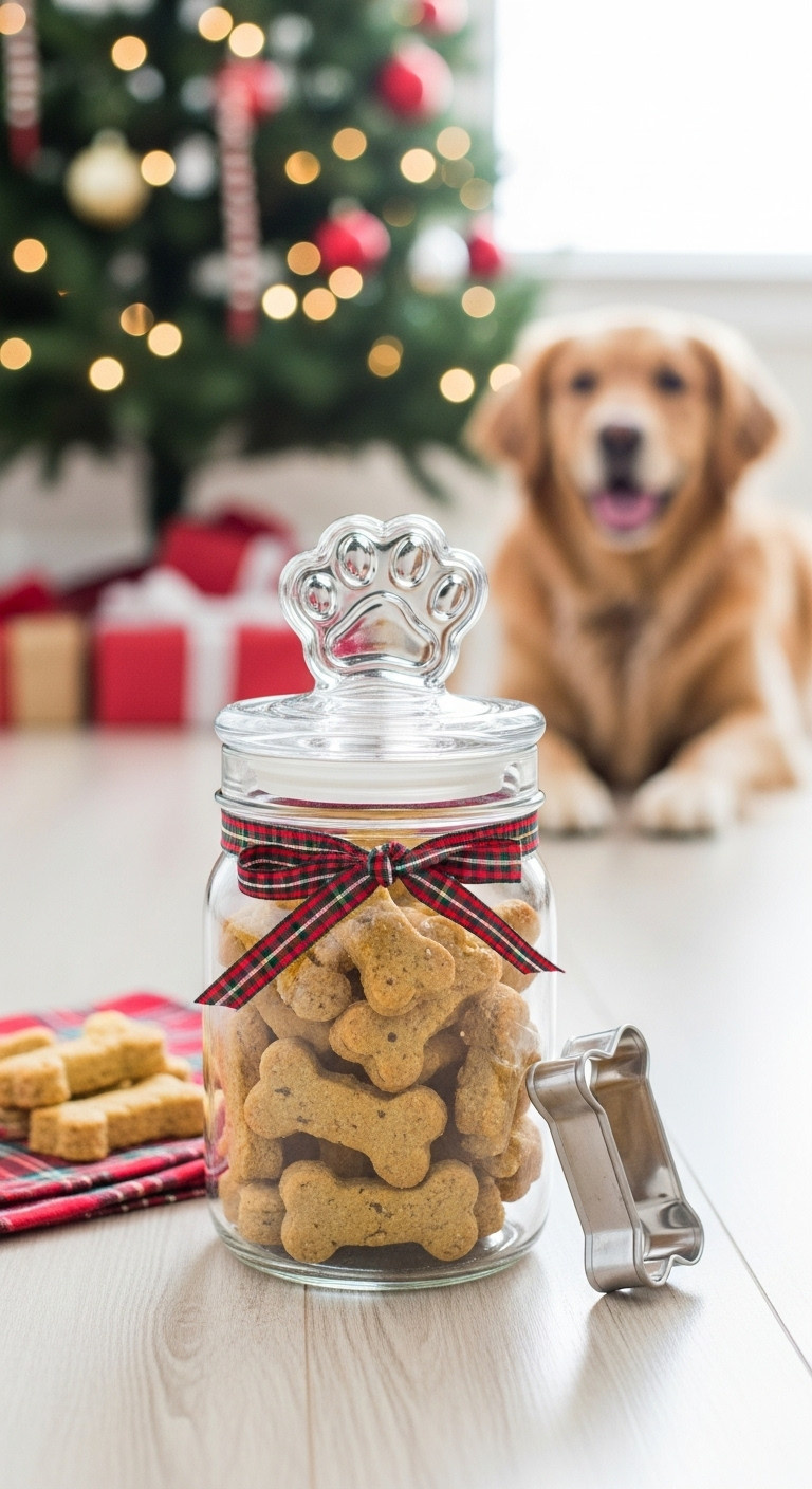 Homemade peanut butter dog treats in a paw-print jar with a golden retriever near a Christmas tree