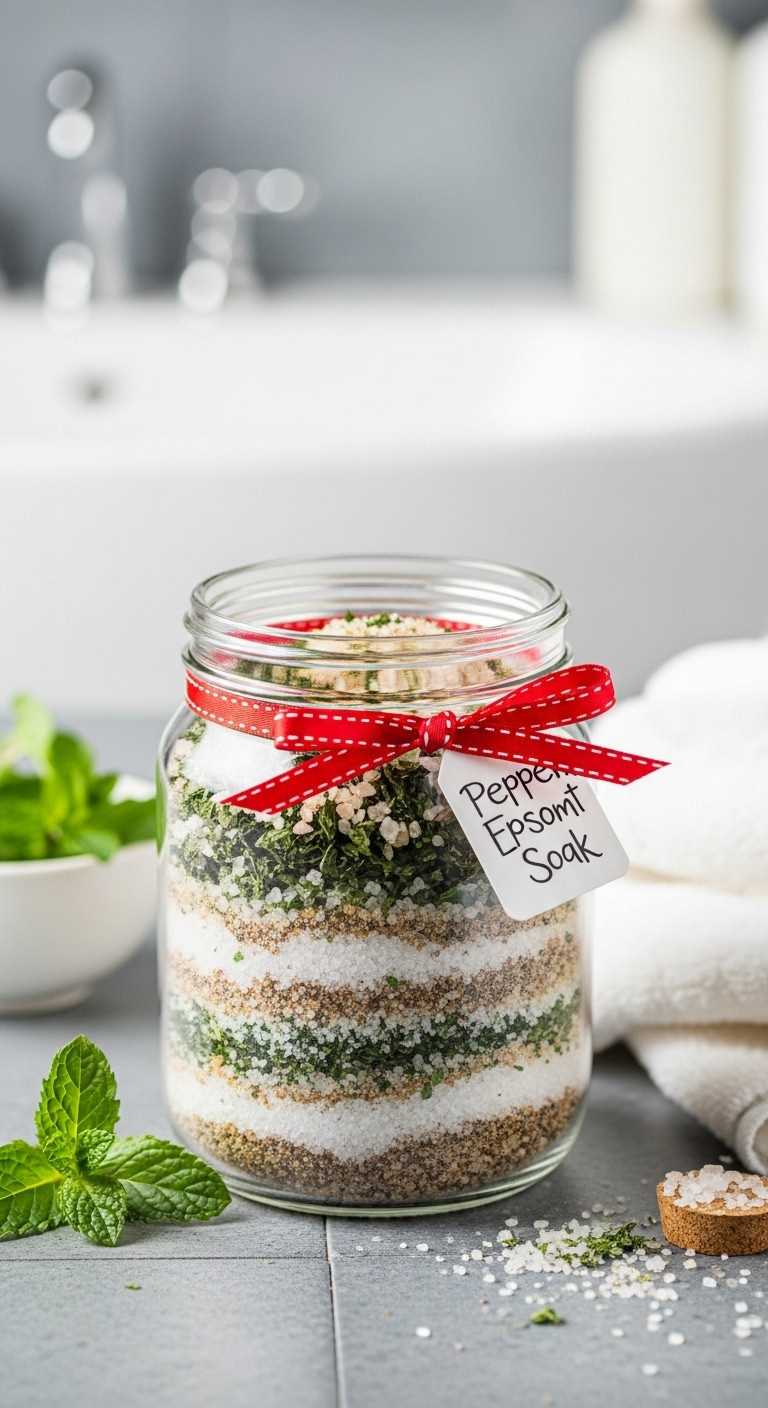Homemade peppermint foot soak in a glass jar with Epsom salts dried peppermint and a red ribbon on slate tile