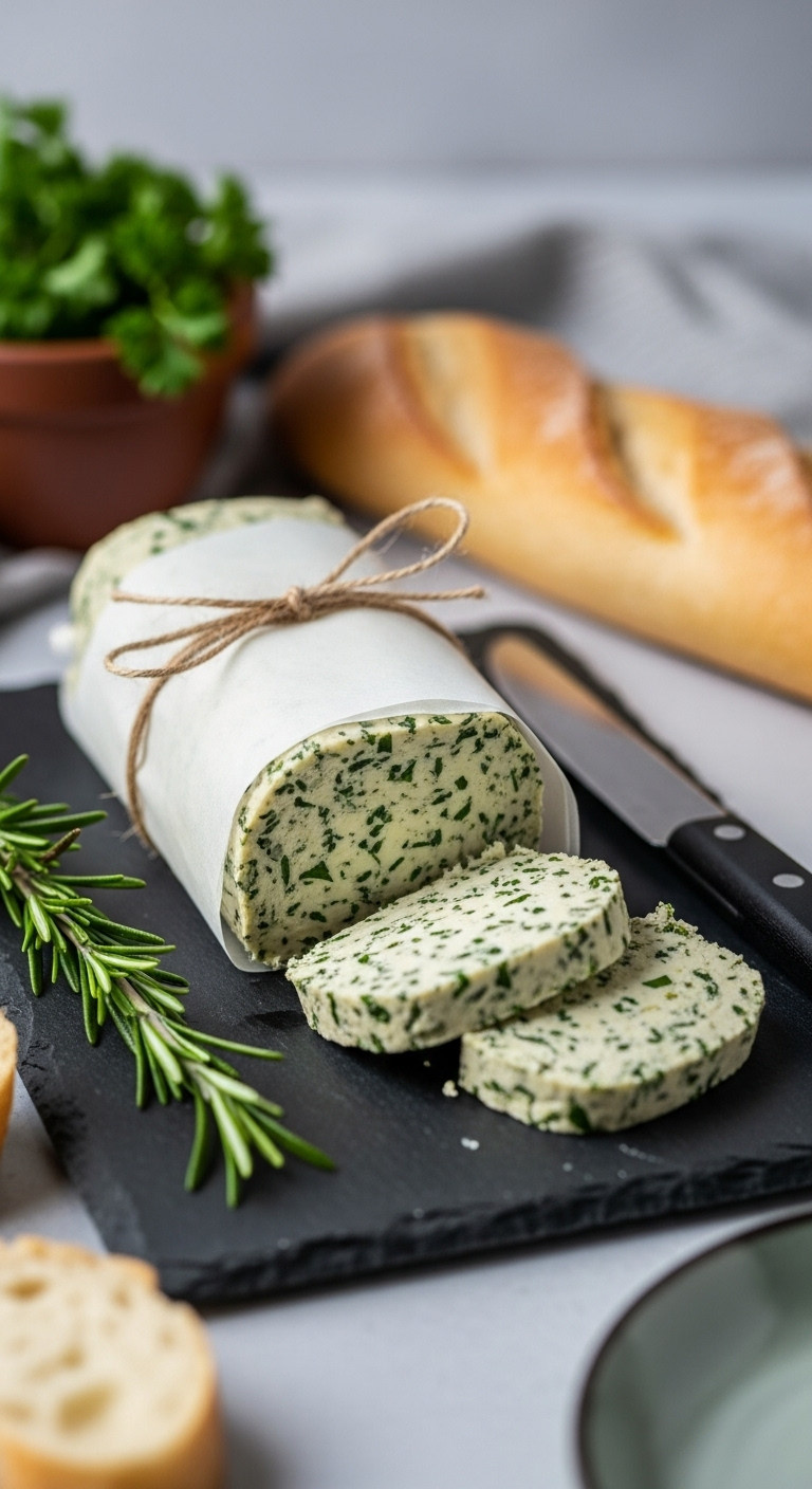 Homemade savory herb compound butter wrapped in parchment with a slice cut on a slate board for a neighbor's Christmas gift