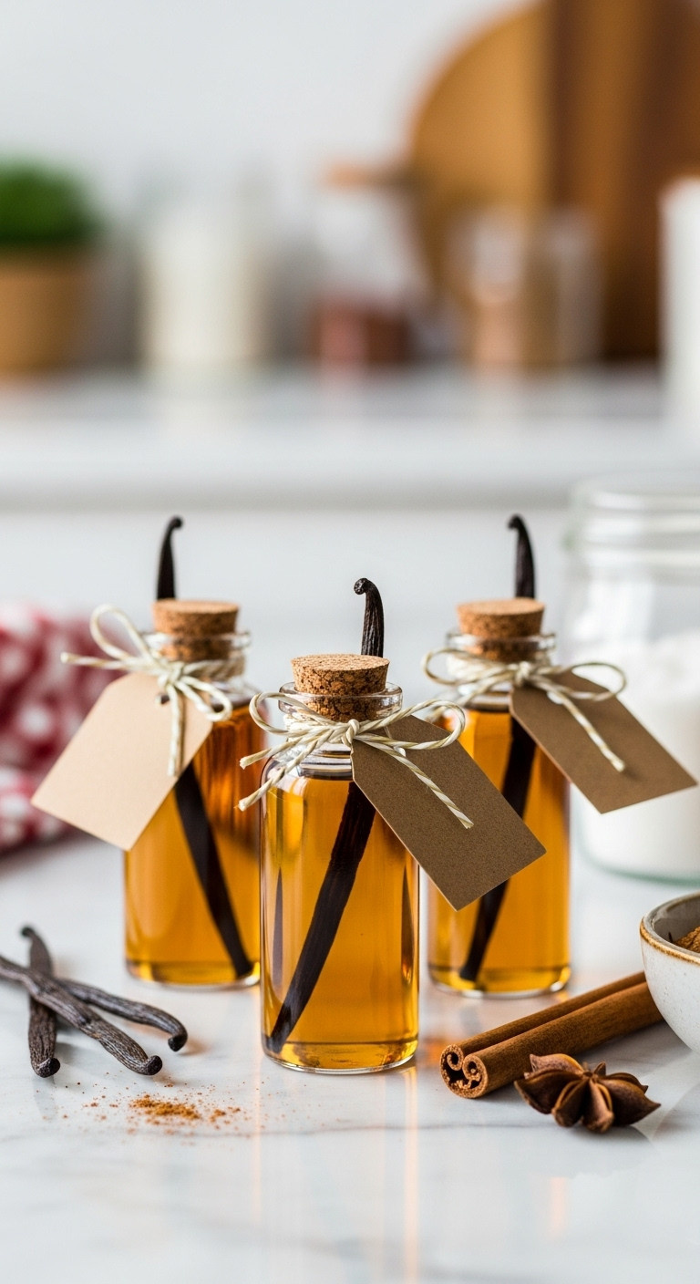 Homemade vanilla extract in elegant glass bottles with vanilla beans cork stoppers and festive tags on a marble countertop