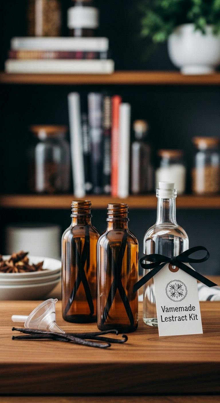 Homemade vanilla extract kit with amber bottles vanilla beans and vodka on dark wood