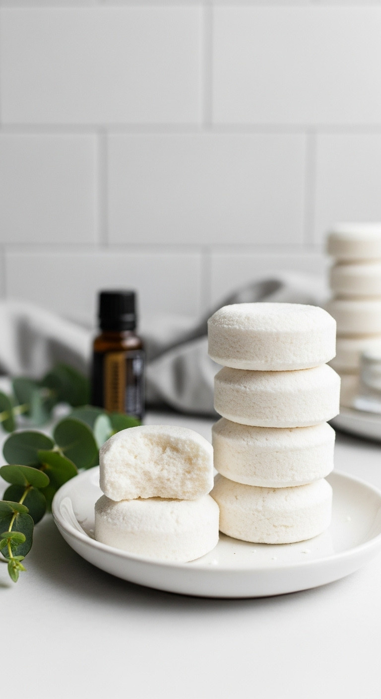 Homemade white round energizing shower steamers with eucalyptus and essential oil on a ceramic dish