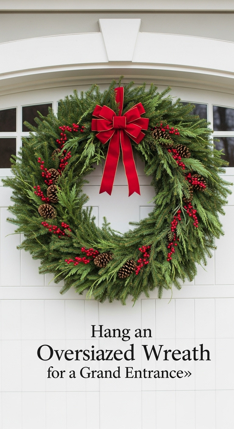 Huge lush evergreen wreath with pinecones red berries and a large red velvet bow hanging above a garage door