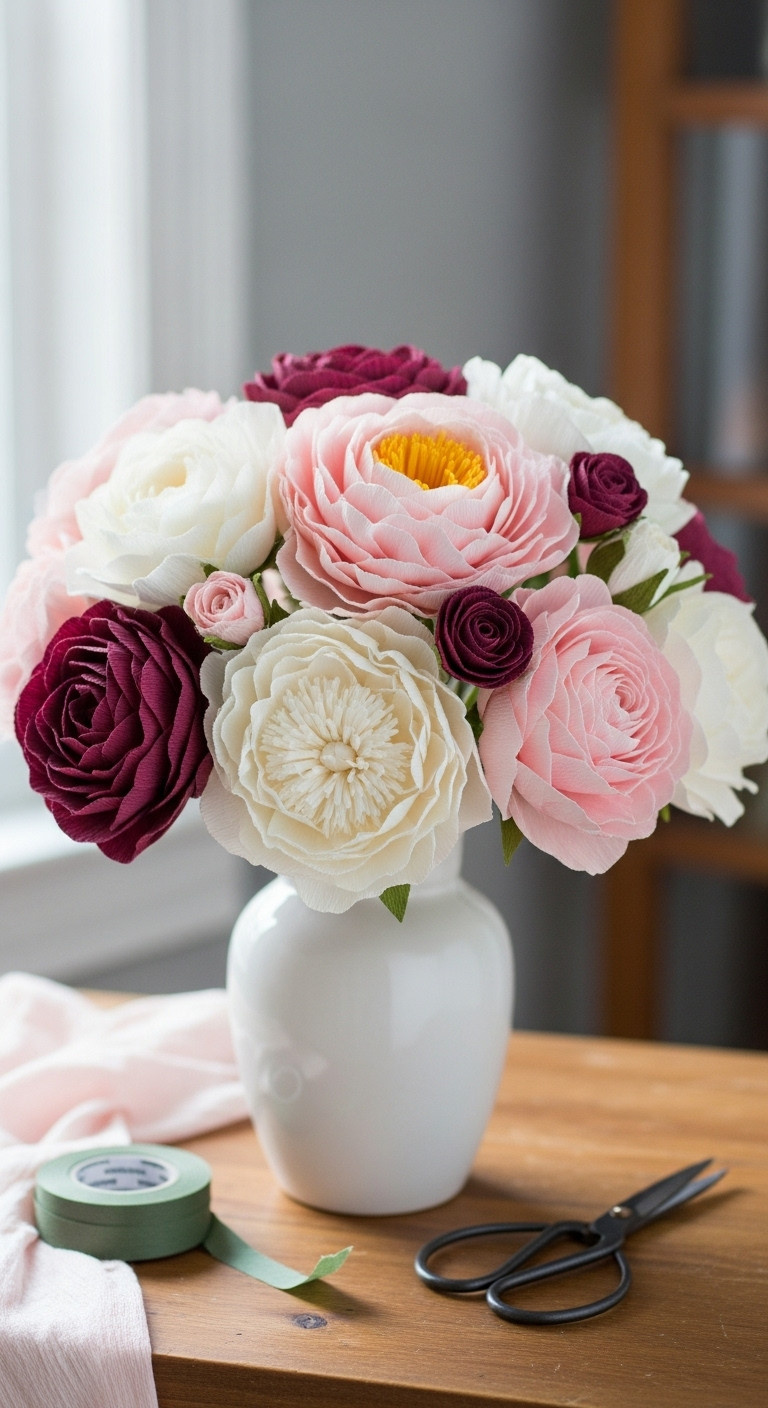 Hyperrealistic paper flower bouquet of blush pink cream and burgundy peonies and roses in a ceramic vase on a wooden table
