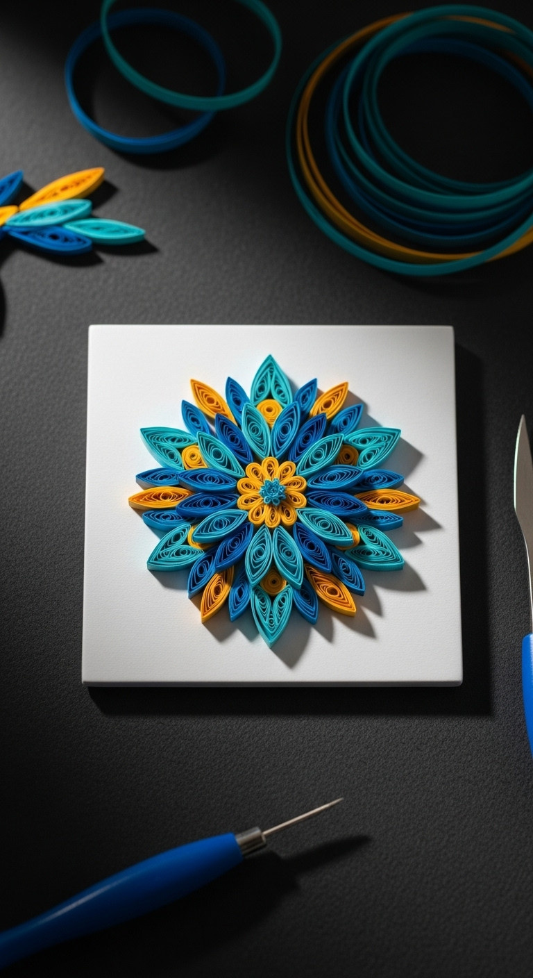 Intricate quilled mandala artwork in vibrant blue teal and gold on a white background with quilling tool and colored paper strips