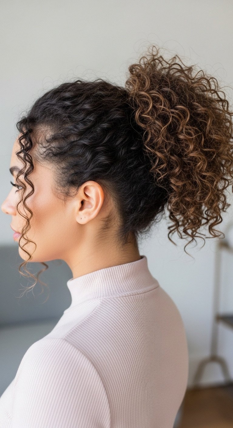 Sleek low ponytail on curly hair, featuring a smooth crown and defined, voluminous curls, in an elegant minimalist interior.