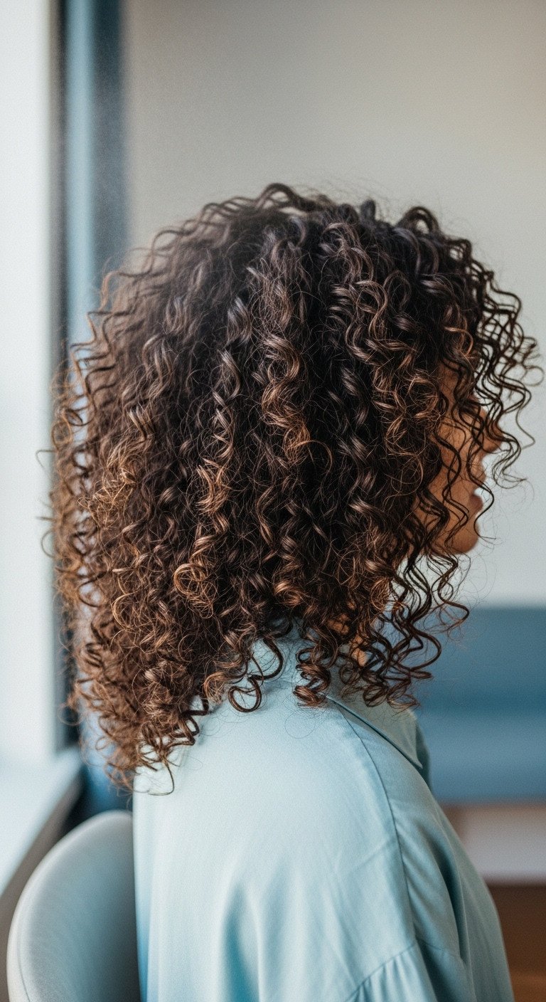 Bouncy, defined curls after a quick refresh, showcasing reduced frizz and added volume, in a bright minimalist setting.