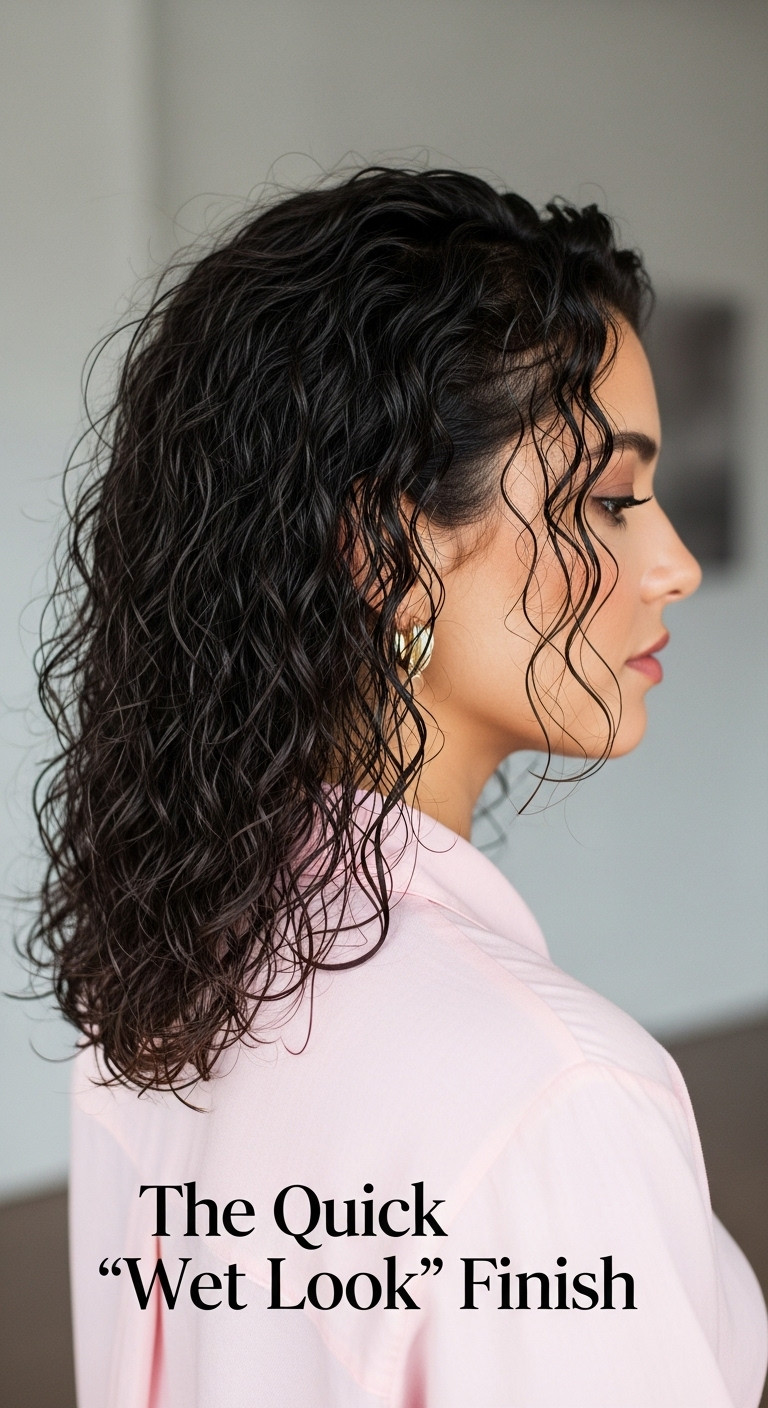 Glossy 'wet look' on curly hair, showcasing ultra-defined, sleek curls pulled back from face, with dramatic side lighting.