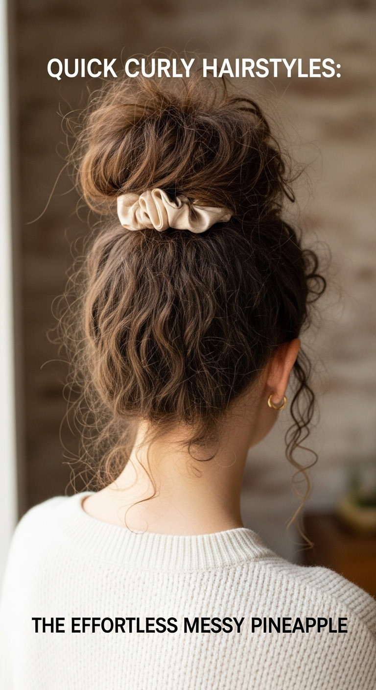 Voluminous messy pineapple updo on curly hair, showcasing defined bouncy curls with face-framing pieces and a silk scrunchie.