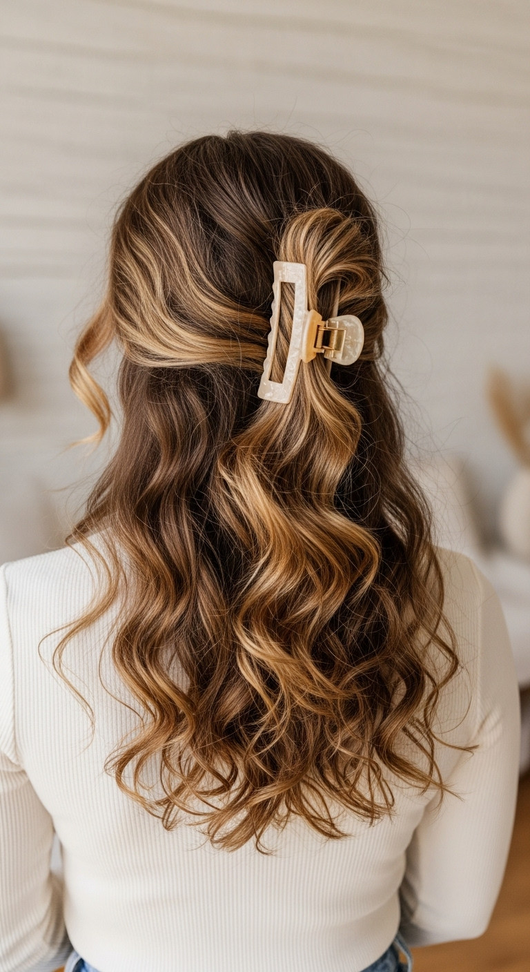 Elegant half-up curly hairstyle with a chic claw clip, highlighting voluminous, defined curls against a blurred minimalist backdrop.