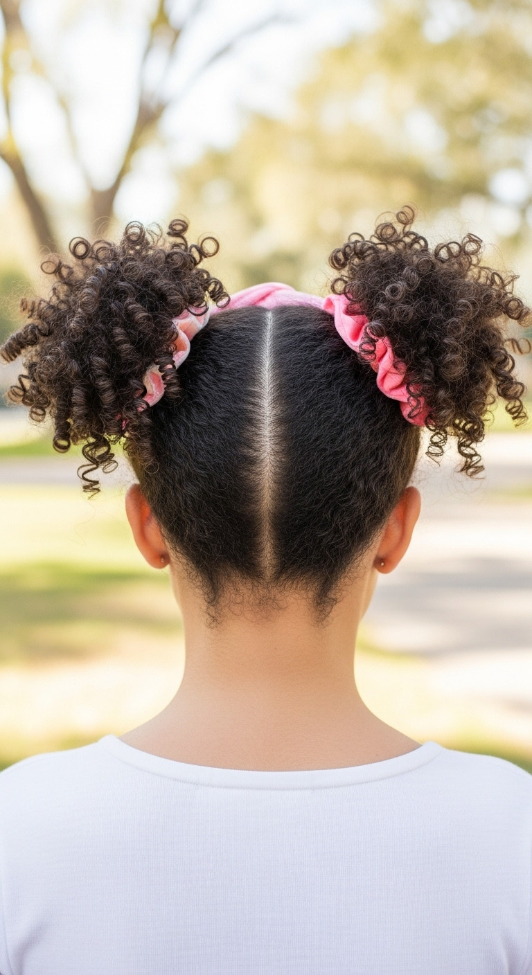 Playful curly space buns or pigtails, showcasing voluminous, defined curls with a youthful feel, captured in bright outdoor daylight.