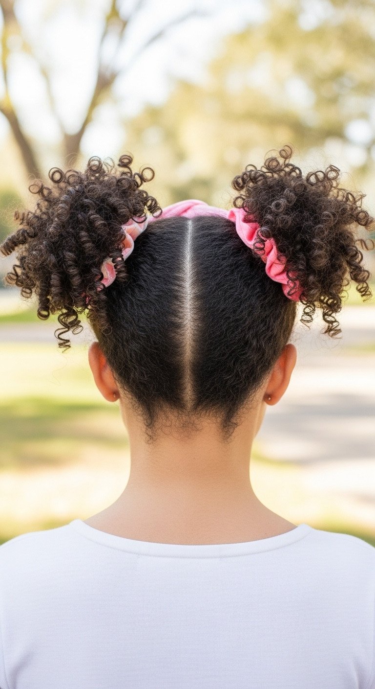 Playful curly space buns or pigtails, showcasing voluminous, defined curls with a youthful feel, captured in bright outdoor daylight.
