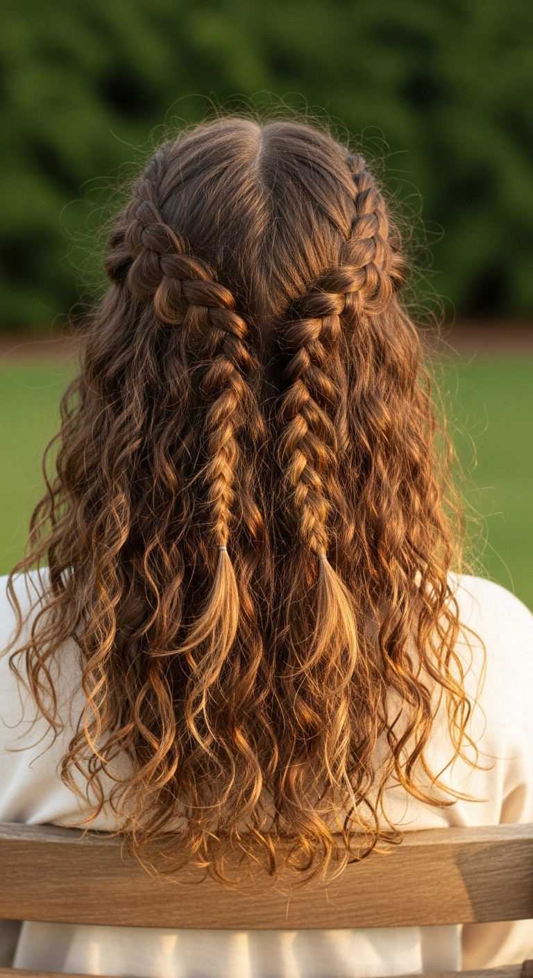 Delicate front braids on curly hair with defined curls flowing, captured in warm golden hour light against blurred foliage.