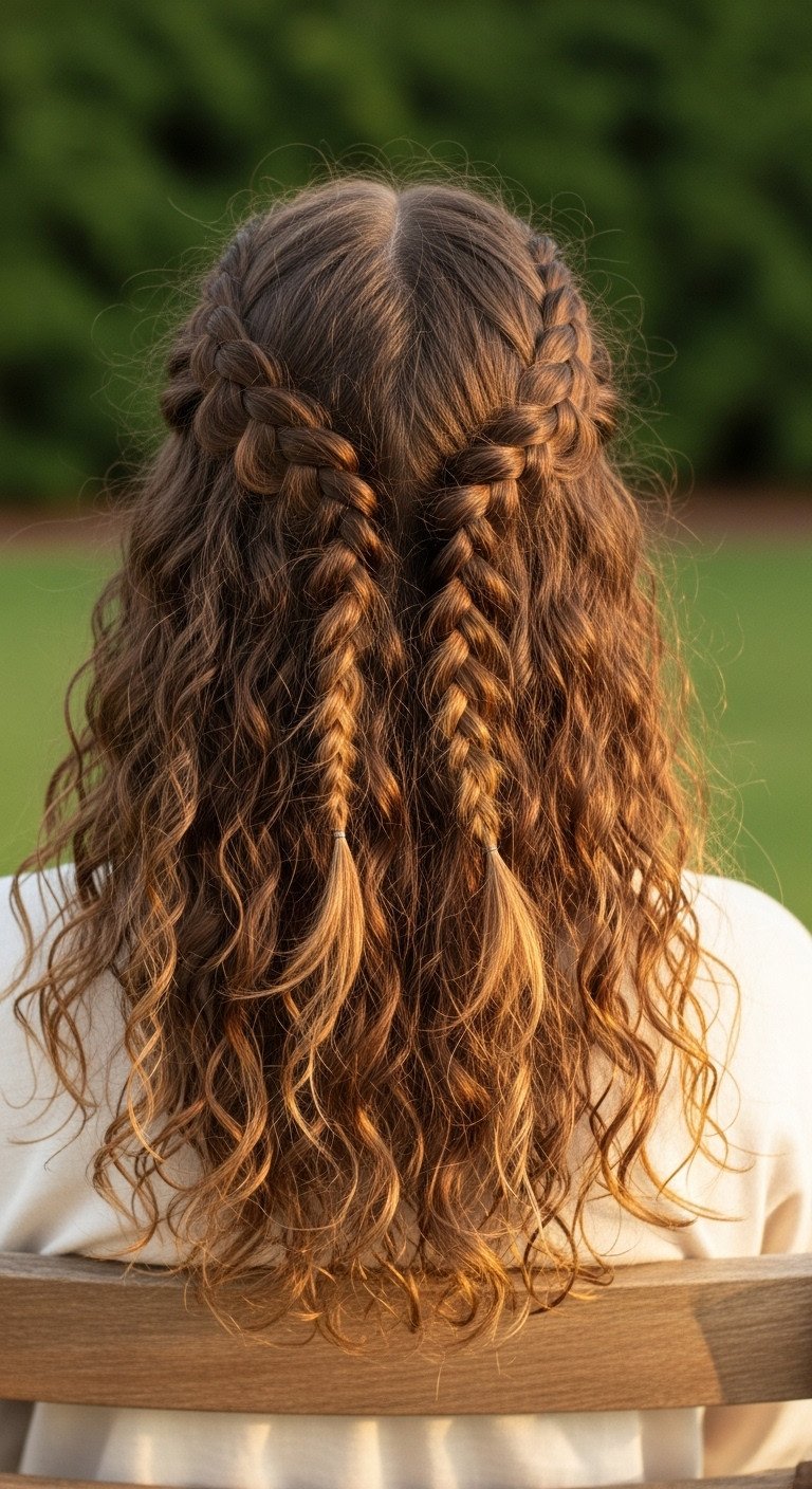 Delicate front braids on curly hair with defined curls flowing, captured in warm golden hour light against blurred foliage.