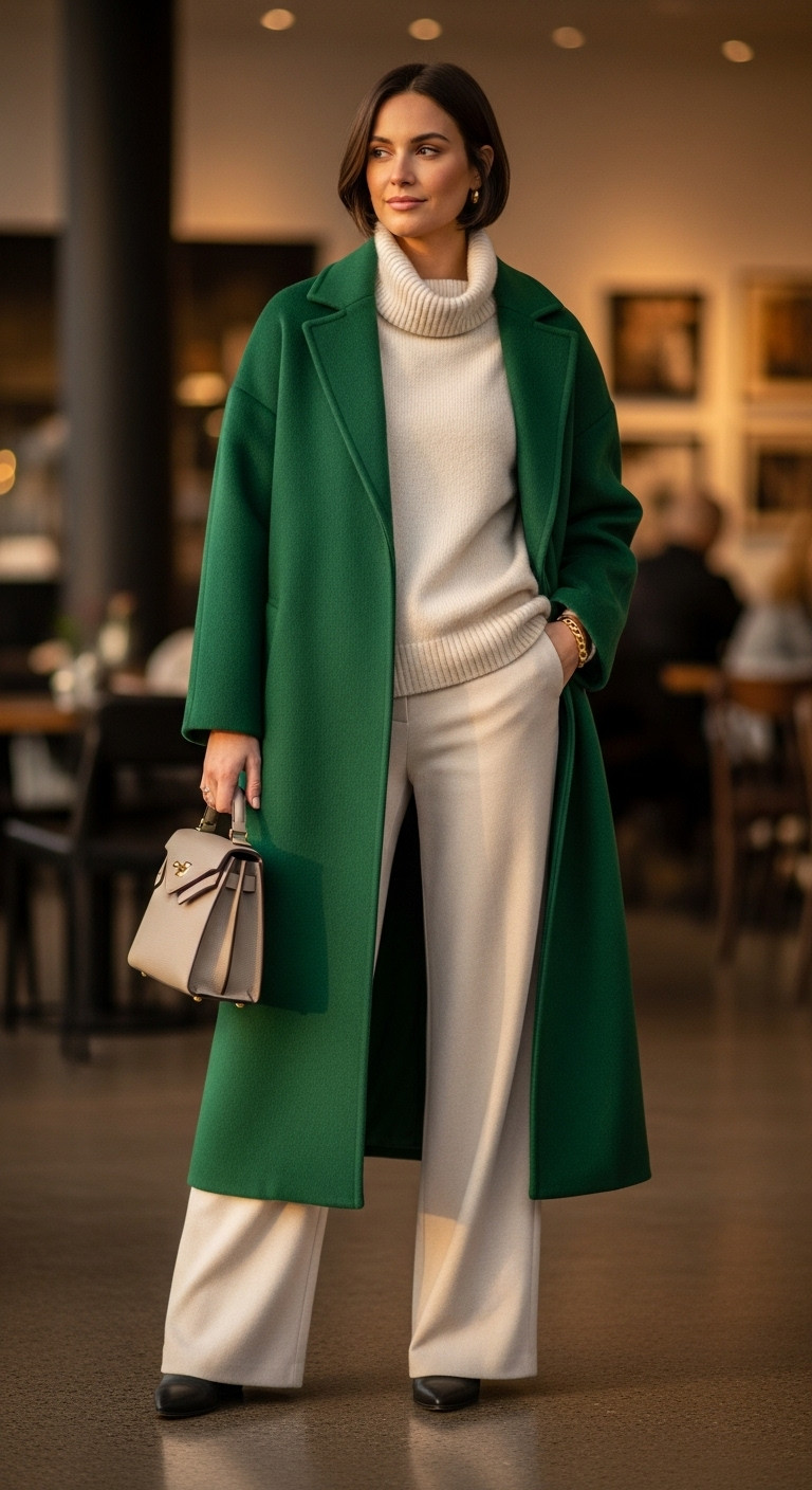 Woman in elegant vibrant wool coat over cream outfit, ankle boots, structured handbag in chic cafe, winter fashion.