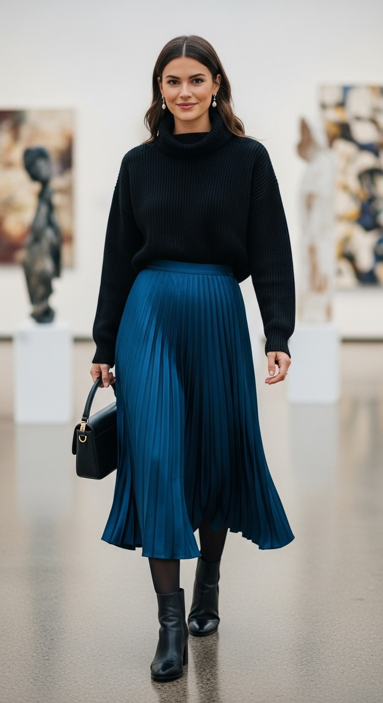 Woman in flowy satin midi skirt, black cashmere turtleneck, ankle boots, and structured bag in chic gallery.