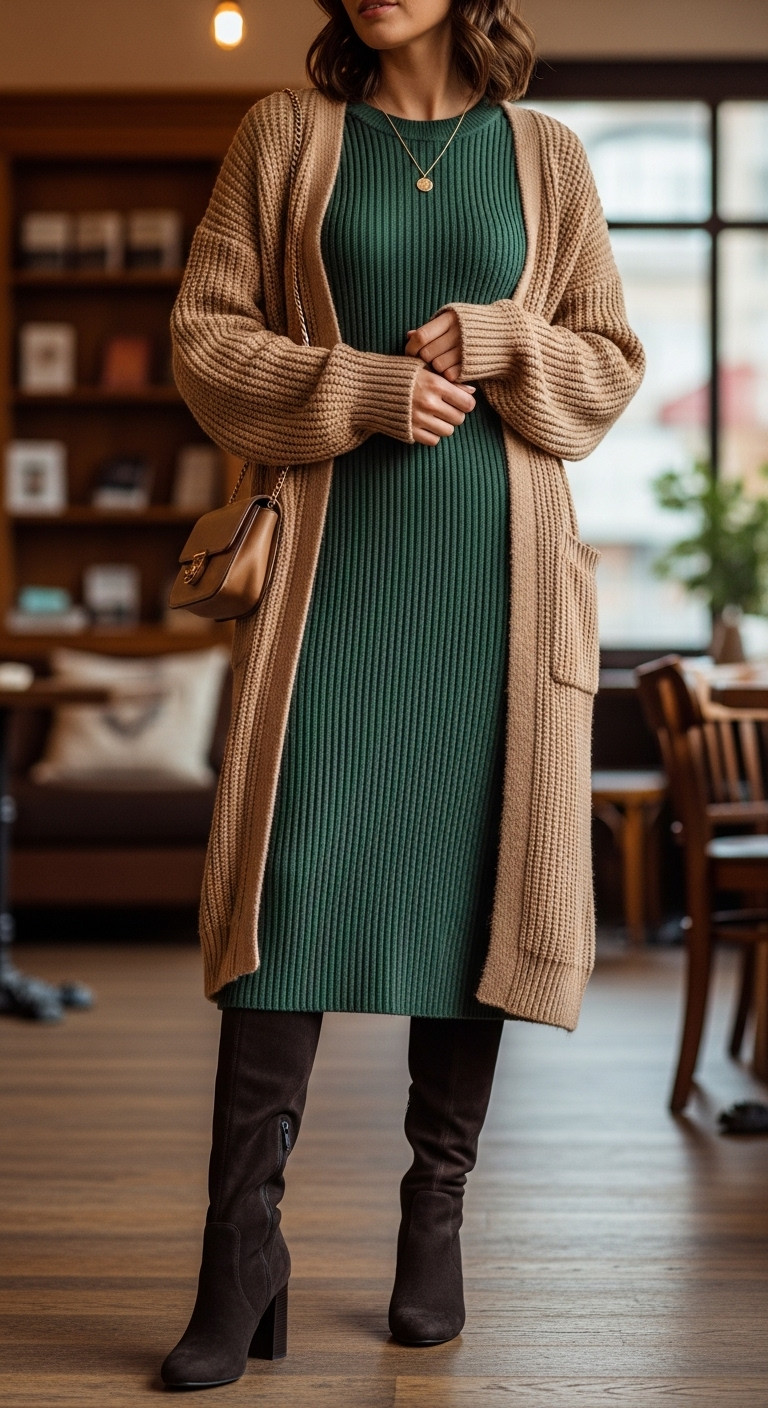Woman in green sweater dress, long camel cardigan, knee-high boots, and shoulder bag in a cozy library, chic winter layers.