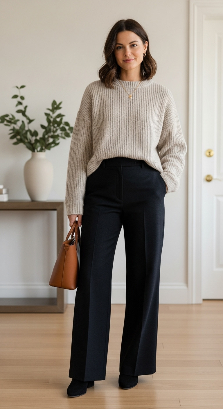 Woman in chic cream cashmere sweater, wide-leg dark gray wool trousers, leather tote bag, and ankle boots in a minimalist winter fashion scene.